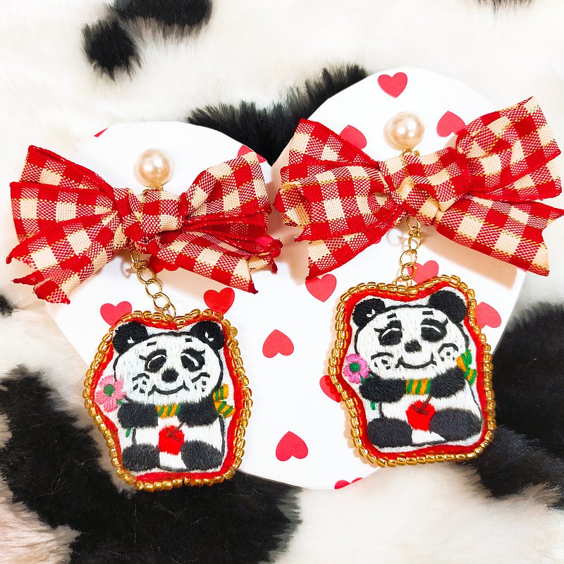 胖達 貓熊刺繡耳環 珠繡 可愛 日系