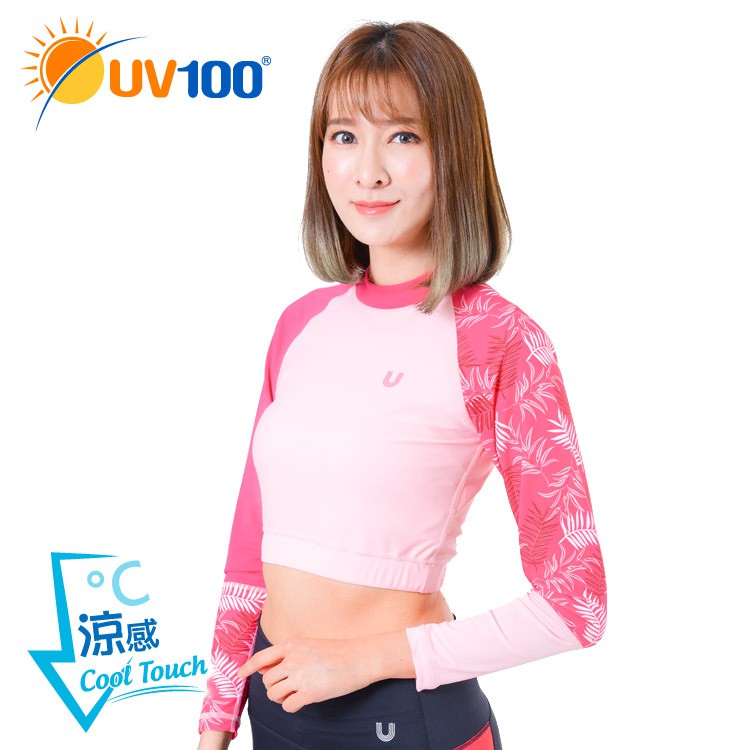 UV100 防曬 抗UV-涼感印花拼接短版運動/戲水上衣-女 - 淺粉桃【BE91045】