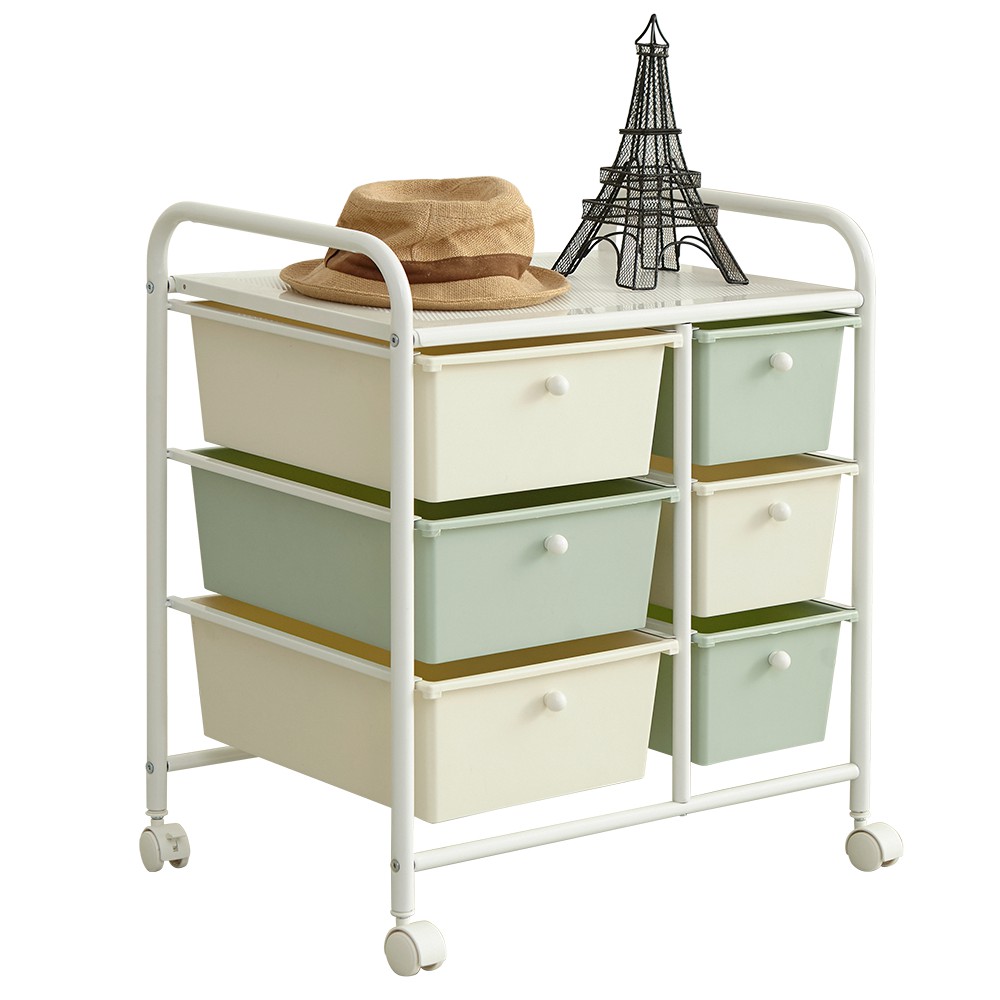 ♦3大3小抽屜搭配，大小物品好收納♦雙色配色，柔和好氛圍♦DIY輕鬆組裝，不費力♦附活動式滑輪，移動便利材質：塑膠、鐵規格：55Wx39Dx65H是否需要組裝: 需組裝