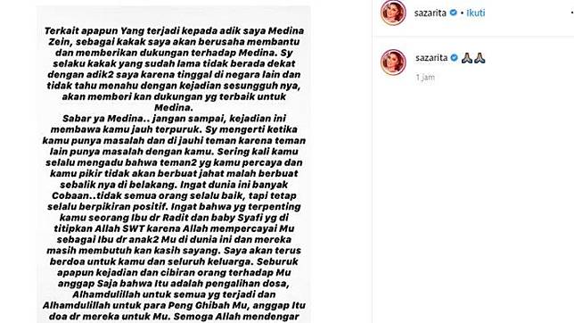 Medina Zein Terseret Narkoba Sarah Azhari Buka Suara Ini