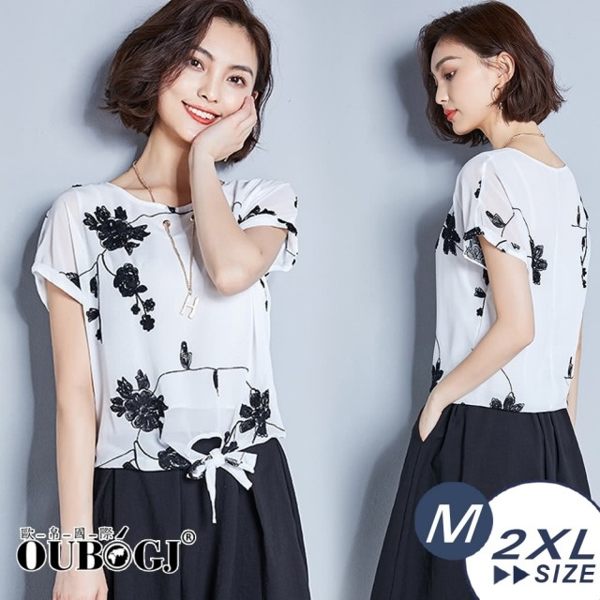 時尚圓領繡花雪紡上衣(新品熱銷款)