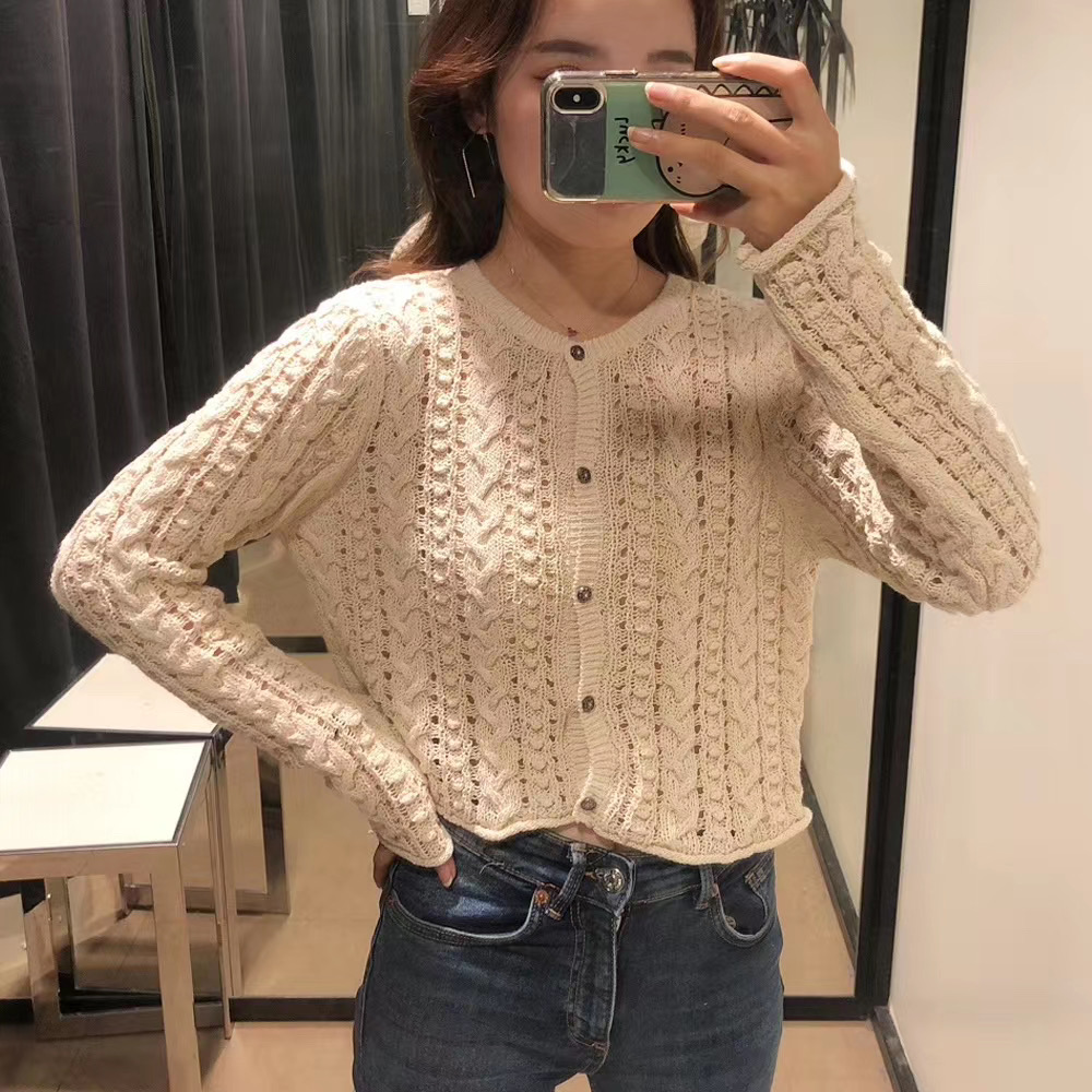 UR ZARA COS秋季新品 提花網眼布珠寶紐扣針織衫開衫女 6771043