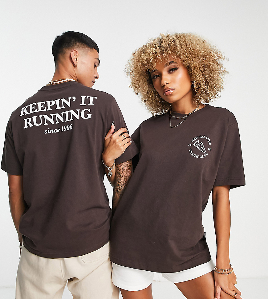 New Balance Unisex runners club t-shirt in dark brown - Exclusive to ASOS