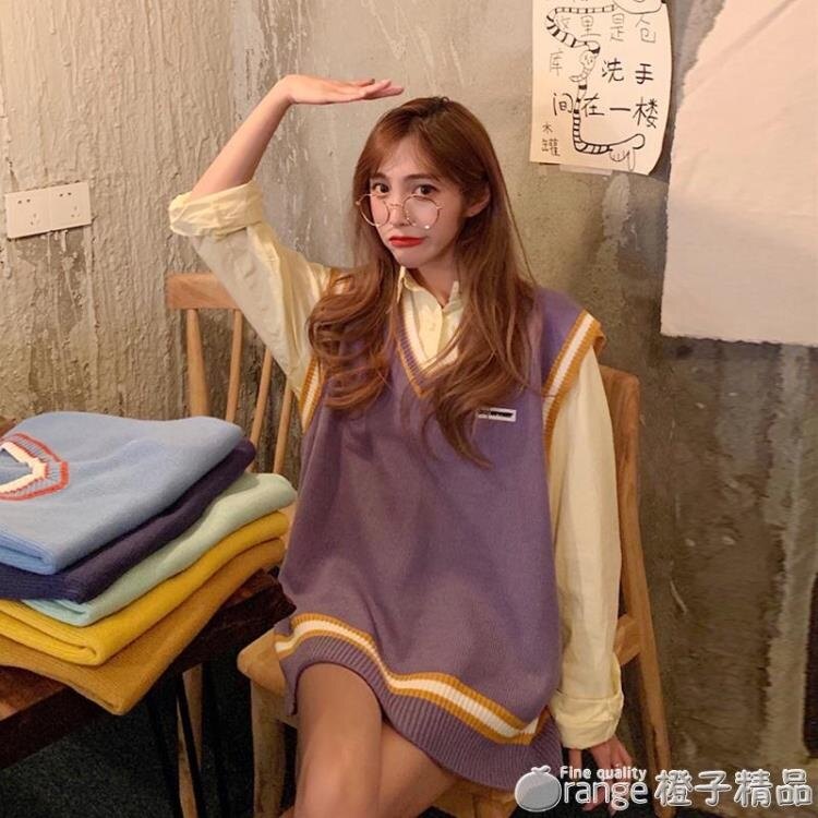 2019初秋新款韓版寬鬆V領條紋套頭馬甲中長款針織背心馬甲女學生 （橙子精品）