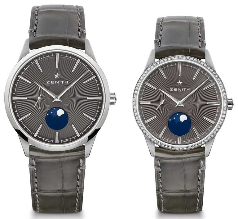 ZENITH「ELITE系列」月相對錶，精鋼錶殼，岩灰色錶盤╱（左）221,700元；（右）286,000元。（圖╱ZENITH提供）
