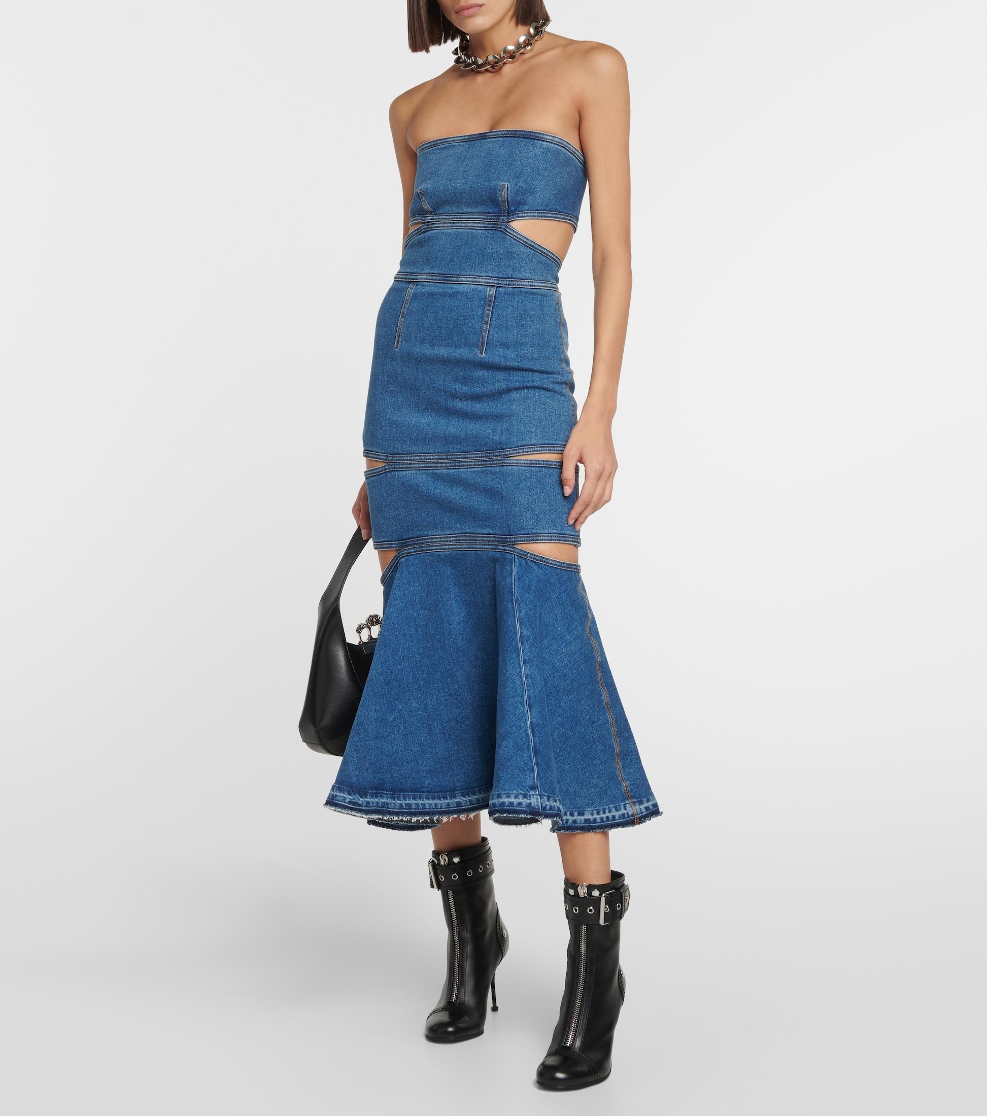 ALEXANDER MCQUEEN Cutout denim midi dress