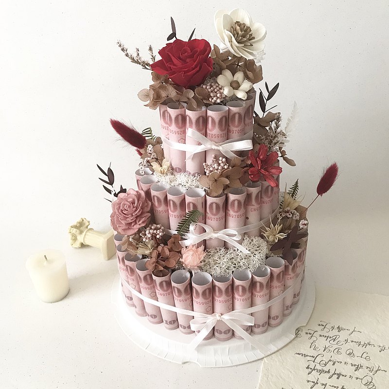永生花鈔票三層蛋糕 母親節父親節情人節生日週年升遷開幕禮物
