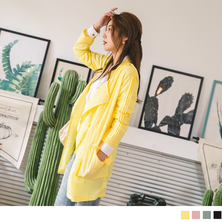 零著輕薄感翻領收腰抽繩風衣外套