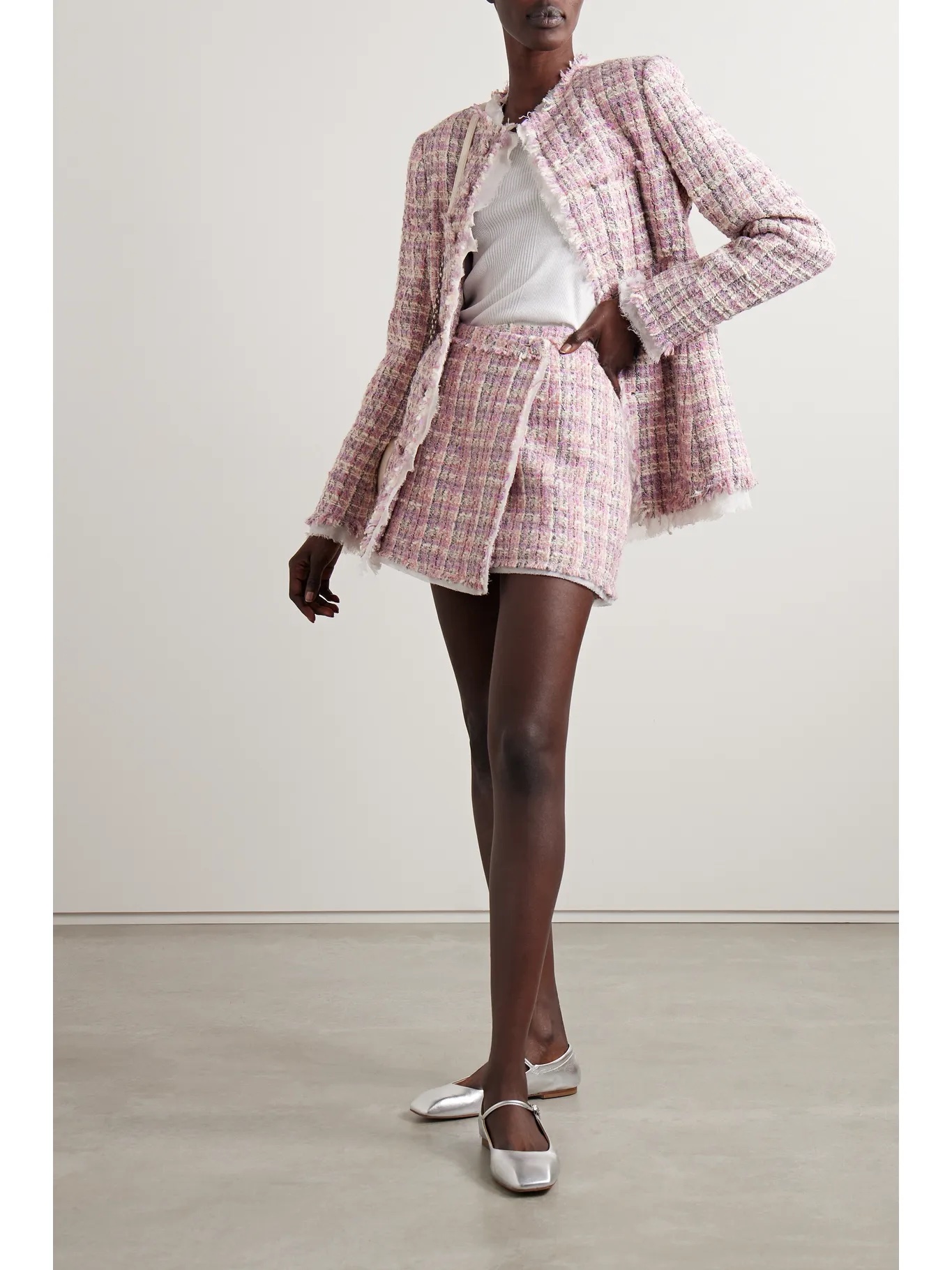 LOVESHACKFANCY Royce georgette-trimmed metallic wool-blend tweed mini wrap skirt