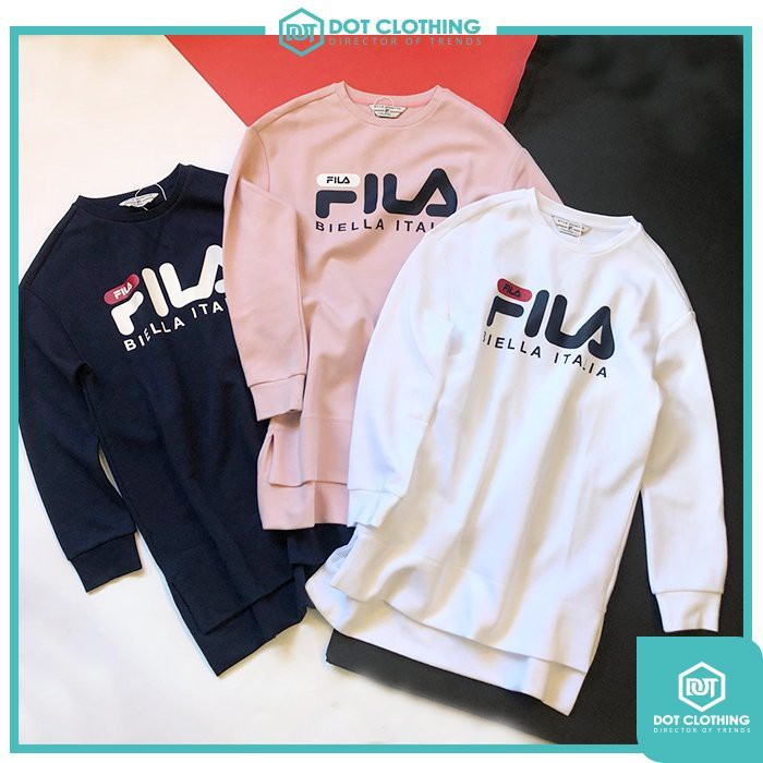 DOT聚點 FILA LOGO SWEATSHIRT 深藍 白 裸粉 衛衣 長版 大學T 毛巾布 前短後長 棉質 女款