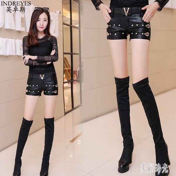 pu皮褲 女2019秋冬新款外穿打底褲韓版時尚靴褲百搭鑲鉆顯瘦皮短褲