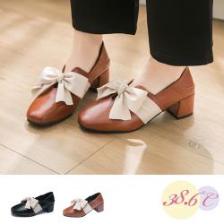 【38.6°C】兩穿法方頭U口蝴蝶結綁帶粗跟鞋(2色任選)