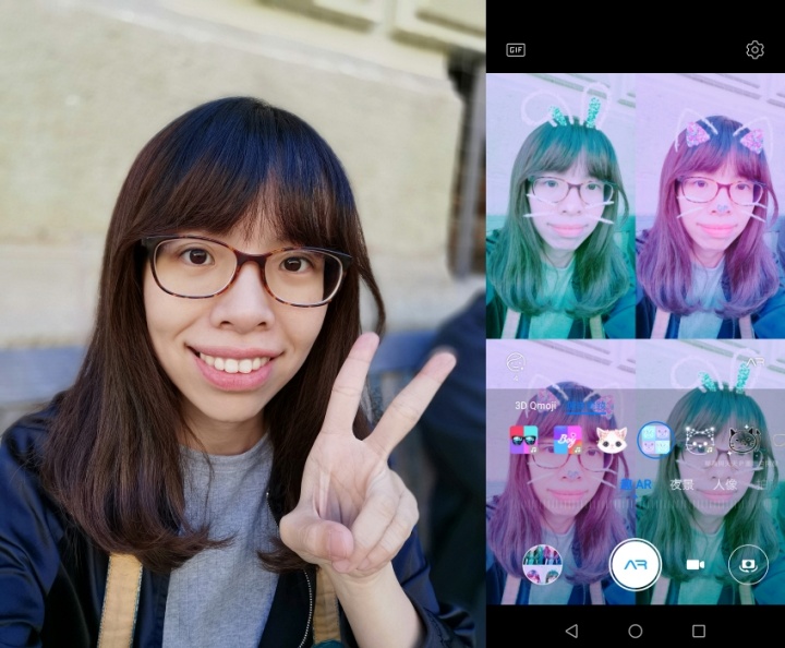 左為前鏡頭美肌模式 3，右為前鏡頭 AR 拍照功能畫面截圖。