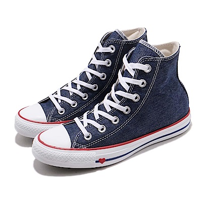 品牌: CONVERSE型號: 163303C品名: Chuck Taylor特點: 高統 基本款 小愛心情人節首選 藍 紅 運動 穿搭參考男鞋尺寸表