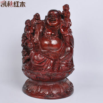 木雕 擺件 紅木彌勒佛 五子登科
