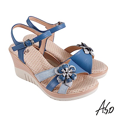 A.S.O 機能休閒 厚底美學立體花卉楔型涼鞋-藍