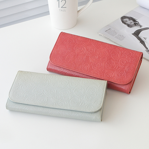 大容量~多卡槽~典雅玫瑰牛皮壓紋
