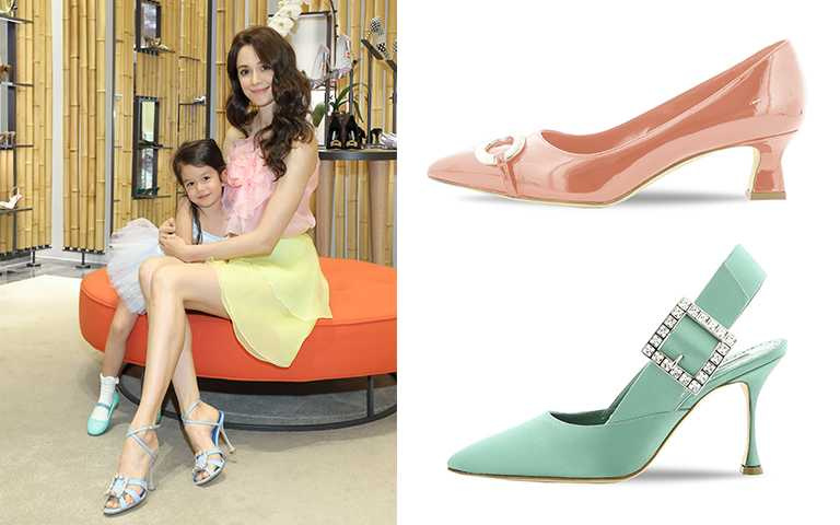（瑞莎穿著）TICUNA 藍色飾釦高跟鞋/NT52,800，（右上）IOTA050-PAT.PINK (6819) /NT34,800，（右下）NINUTRA-SATIN-GREEN價格店洽（圖／藍鐘提供）