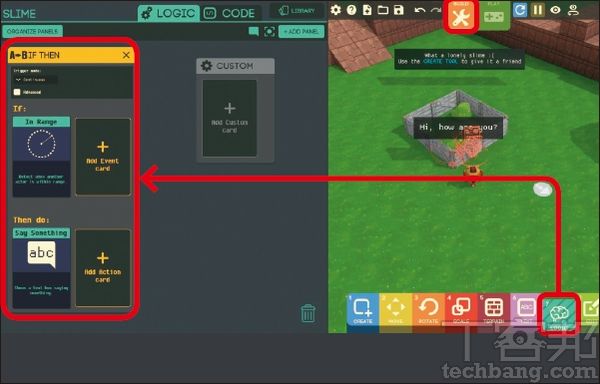 5.後期會碰到一些任務，譬如加入史萊姆朋友，這時得按下「Tab」鍵切換至「BUILD」模式，並使用「1-CREATE」功能加入物件、「7-LOGIC」功能查看指示說明。