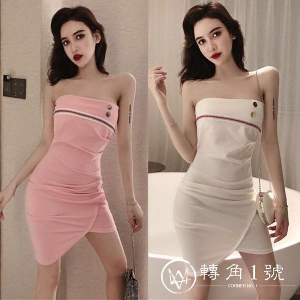 流行洋裝 女裝2019夏季新款海軍風抹胸性感緊身開叉不規則包臀連身裙潮 『轉角1號』