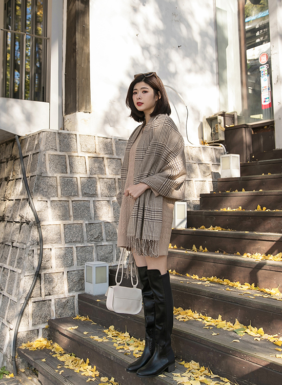 D+AF 彈力布拼接低跟膝上長靴 膝上靴 拼接靴款