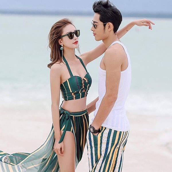 情侶泳衣 新款比基尼女遮肚顯瘦高腰泡溫泉沙灘褲男士游泳衣8372