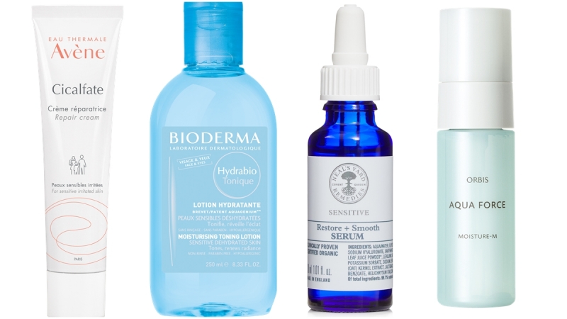 Avene 再生修護霜，NT700。Bioderma保濕水潤化妝水，NT790。Neal’s Yard Remedies 舒敏平衡精華，NT2,500。Orbis 水原力保濕液，NT740。