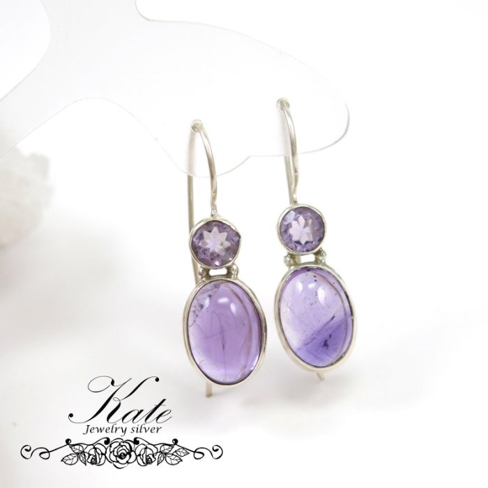 銀飾純銀耳環 天然紫水晶 蓮花星芒 淡雅薰衣紫 一體成形耳勾 925純銀寶石耳環 KATE 銀飾