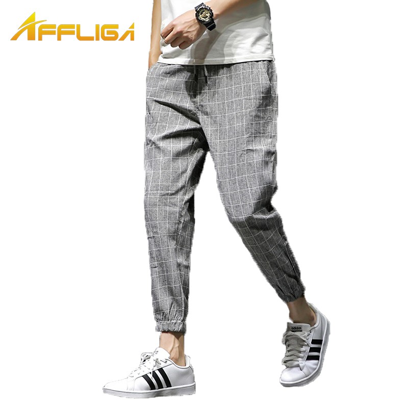 男生褲子 格子褲 九分褲 透氣仿亞麻格子長褲 哈倫褲 大碼男格紋休閒褲 修身小腳褲 休閒長褲 束腳褲 夏天褲子 男生衣著