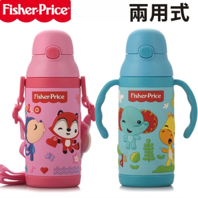 費雪立體圖案不鏽鋼兩用水壺雙柄學習杯/背帶水壺 兩用兩用保冷/保溫 容量400ML食品等級奧式304不繡鋼