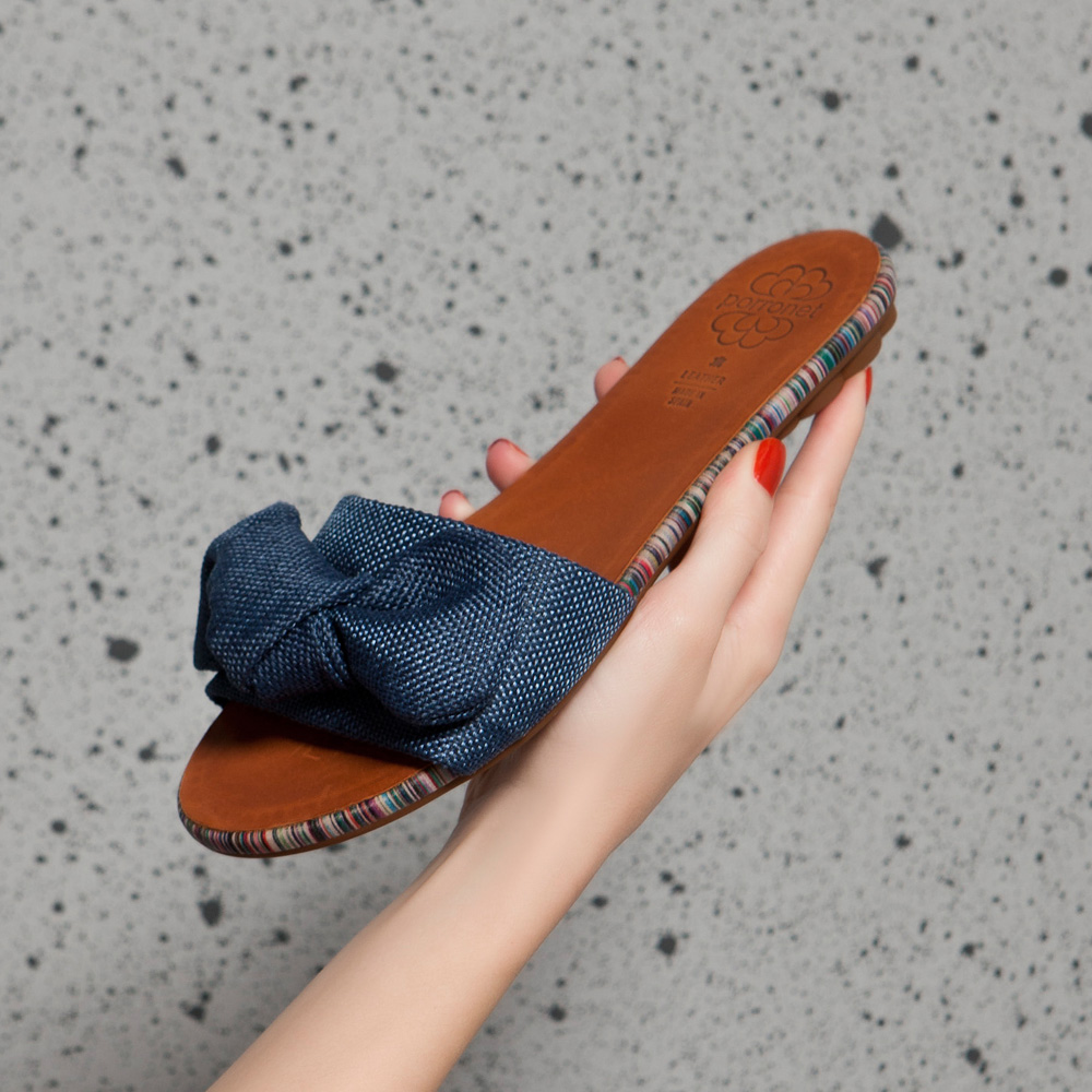 PORRONET．亞麻扭結一字寬帶平底拖鞋 藍 (122214)