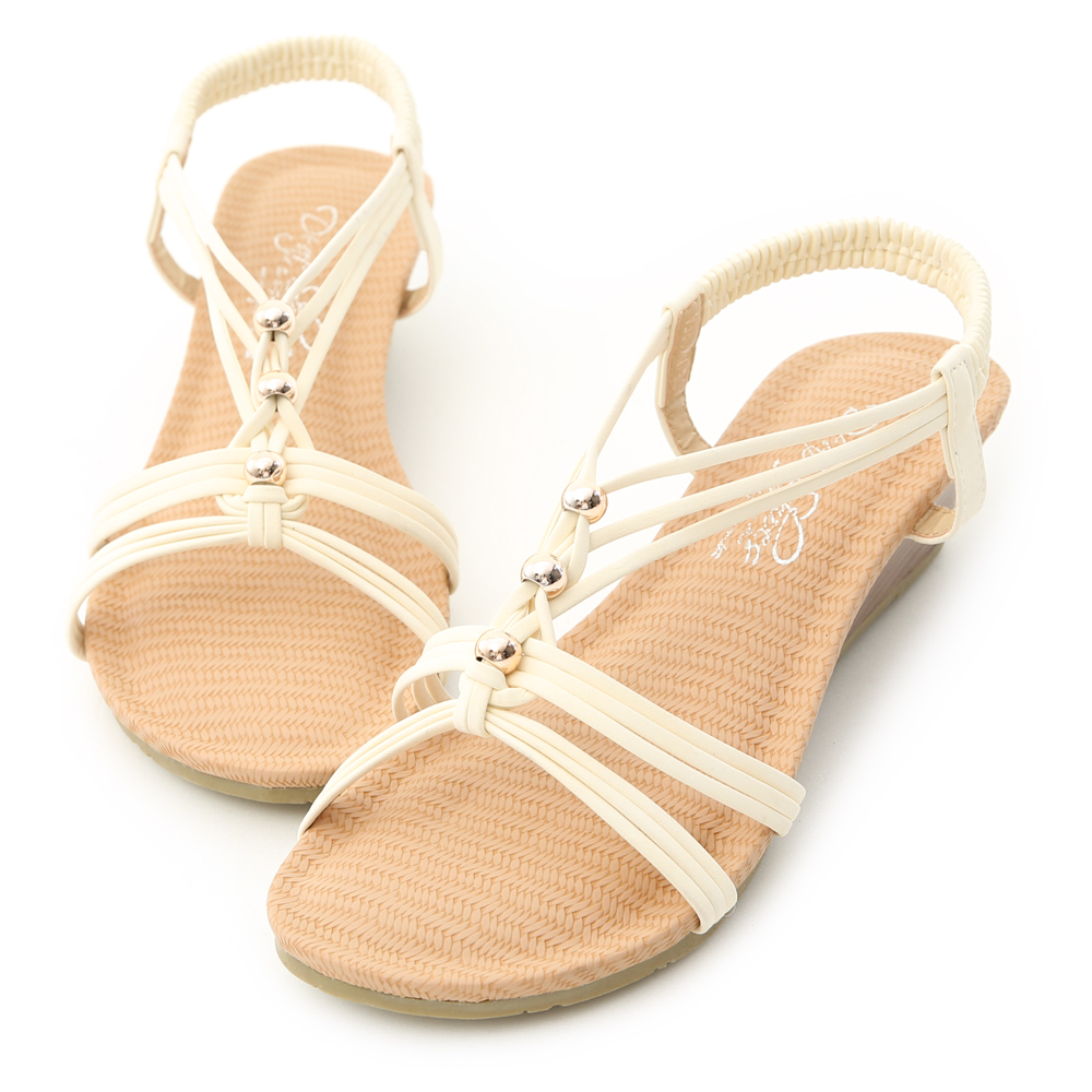 夏天來臨~挑一雙好穿的涼鞋渡假去! 交錯的細帶設計巧妙修飾腳背線條 鞋墊下特別加了厚厚一層澎澎乳膠軟墊 軟軟的空氣感鞋底就像穿了氣墊鞋一樣舒適 能有效吸收踩在地面時回彈的反作用力 後拉式鬆緊帶~穿脫省