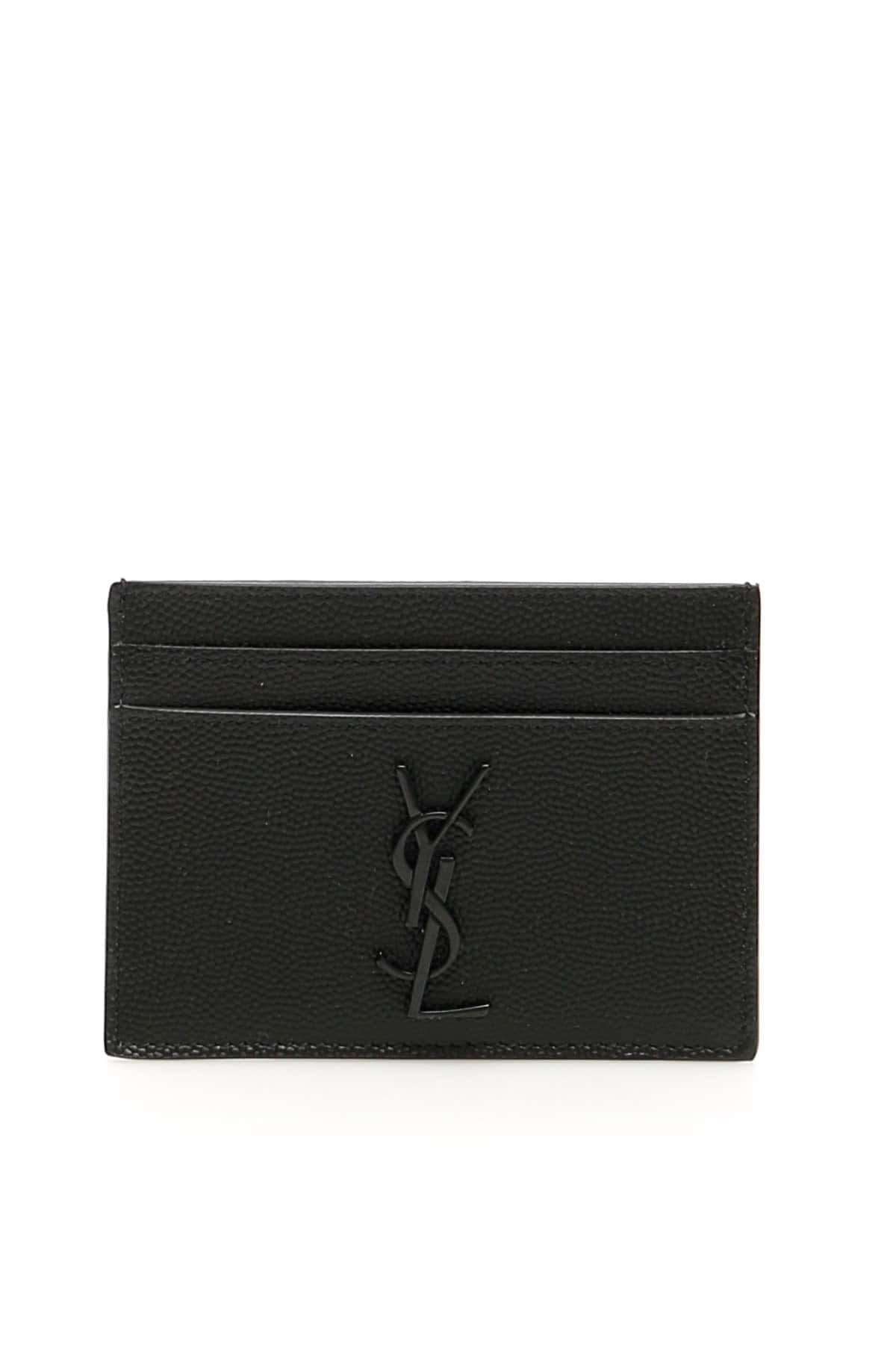 Saint Laurent grain leather cardholder with the iconic polished metal YSL monogram. It features two 