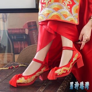 秀禾鞋婚鞋女新娘紅色上轎鞋中式婚禮龍鳳布鞋牛筋底中高跟結婚鞋 JY15018