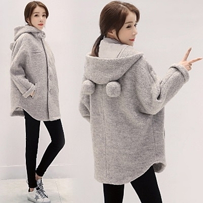 毛呢大衣中長款風衣外套-時尚可愛連帽百搭女外套[巴黎精品]
