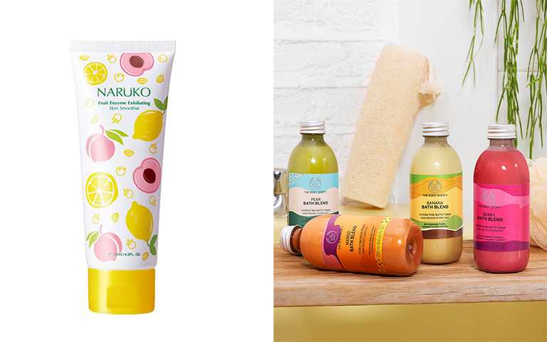 NARUKO果粒酵素去角質冰沙120ml/NT329，THE BODY SHOP沐浴果昔 250Ml/NT480（一瓶）(圖／各品牌提供)