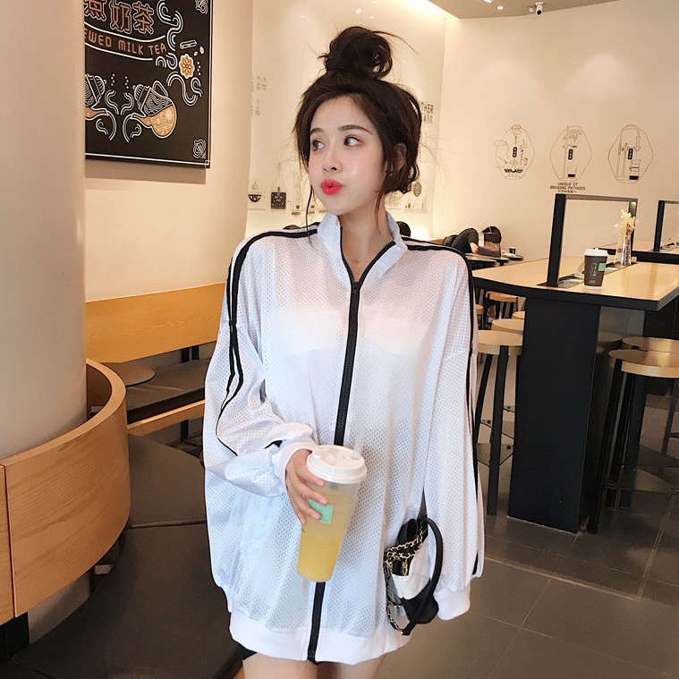 防曬外套 休閒上衣 寬鬆 夏季中長款網眼薄款防曬上衣女寬松休閑運動服百搭棒球服外套 女生防曬衣 女生衣著 休閒