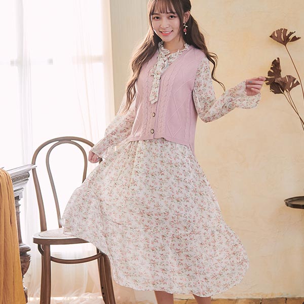 露比午茶-碎花綁帶針織背心兩件式長袖長洋裝