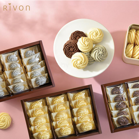 【Rivon禮坊】綜合曲奇餅三層禮盒45入 (原味、可可、芝麻)