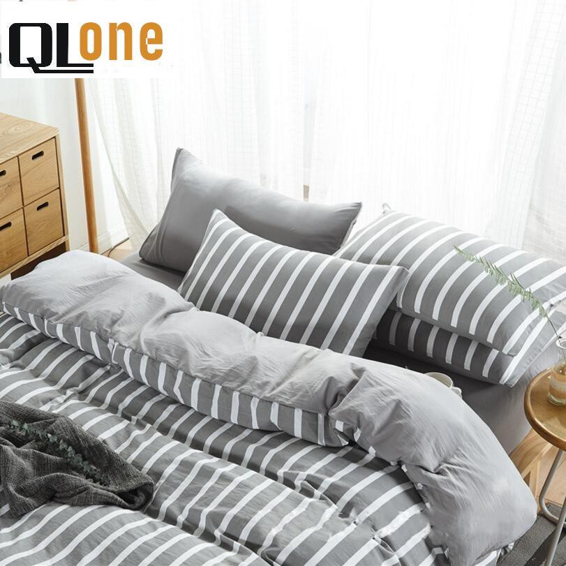 新品~日系水洗棉床包組 雙人床包四件套 條紋系列 灰色白色條紋 寬條簡約日系無印風良品親膚透氣 雙人加大床包