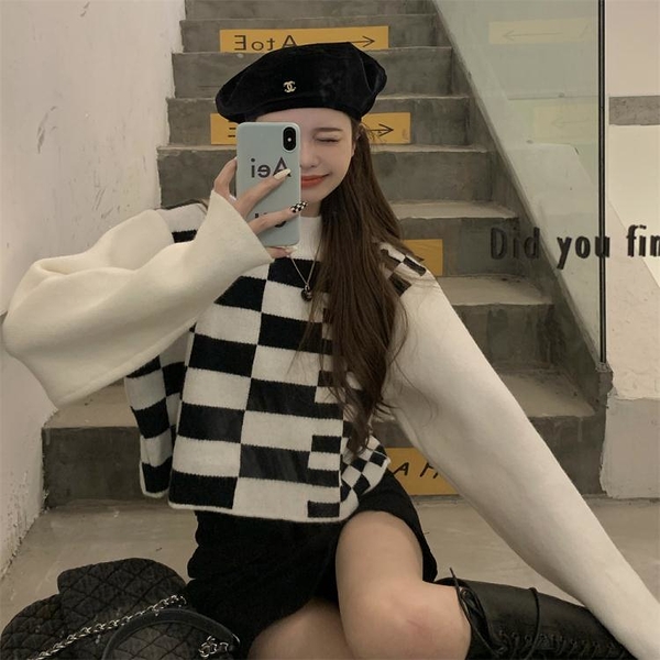 針織毛衣 不規則棋盤格毛衣慵懶風上衣GT4038-B 我的美麗衣櫥