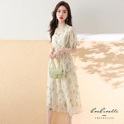 GF-快時尚-日韓系甜美V領印花收腰雪紡洋裝-淺綠-(M~XL)