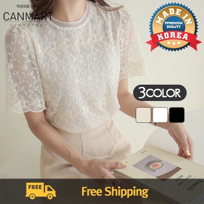 [CANMART官方旗艦店] 網紗刺繡蕾絲圓領上衣
