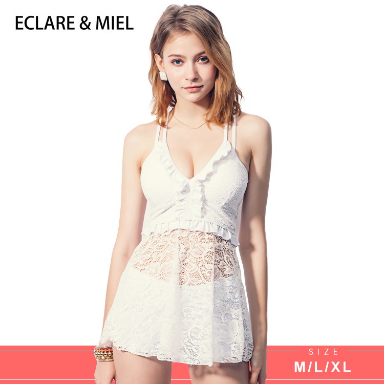 (現貨)ECLARE & MIEL - 大溪地系列性感深V集中波浪邊蕾絲裙彈性兩件式泳裝(白色)【CSW0061-1】