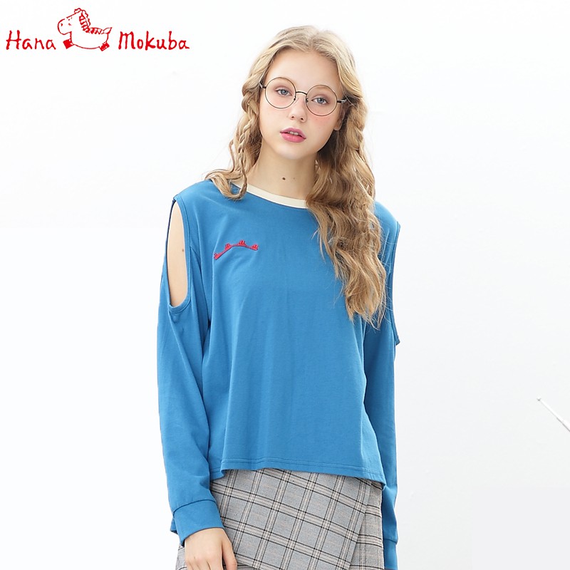 花木馬日系女裝露肩長袖T恤產品參數：品牌: Hana Mokuba/花木馬貨號: 72-5202尺碼: F風格: 休閒百搭顏色: 中黃色，藍綠色袖長: 長袖衣長: 常規款材質成分:棉100%