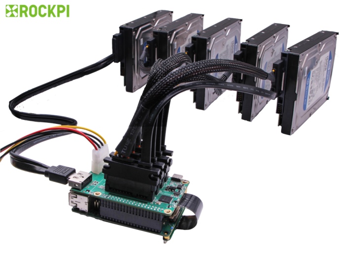 5硬碟版本只支援Rock Pi 4，可以透過4組SATA與1組eSATA端子連接5顆硬碟。