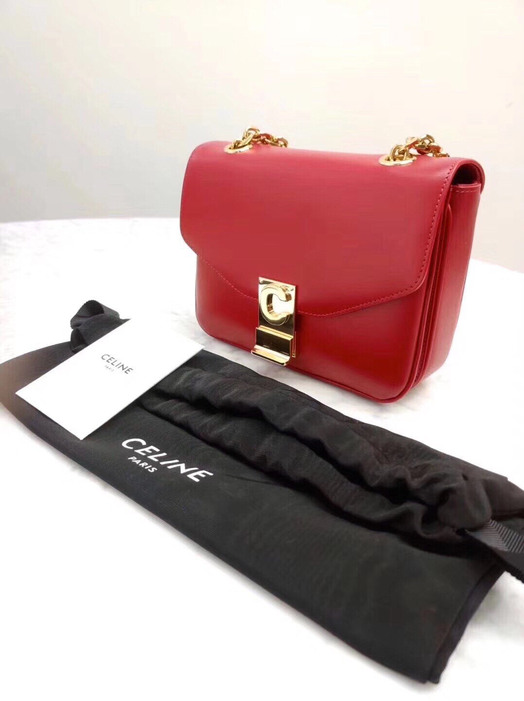【Go時尚】celine box C bag 淡酒紅光滑 小牛皮小C扣 中型鍊帶包 斜背包