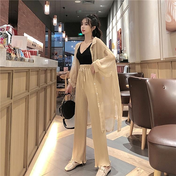 防曬開衫 小吊帶防曬三件套裝闊腿褲夏季新款韓版上衣休閑長褲女裝夏裝