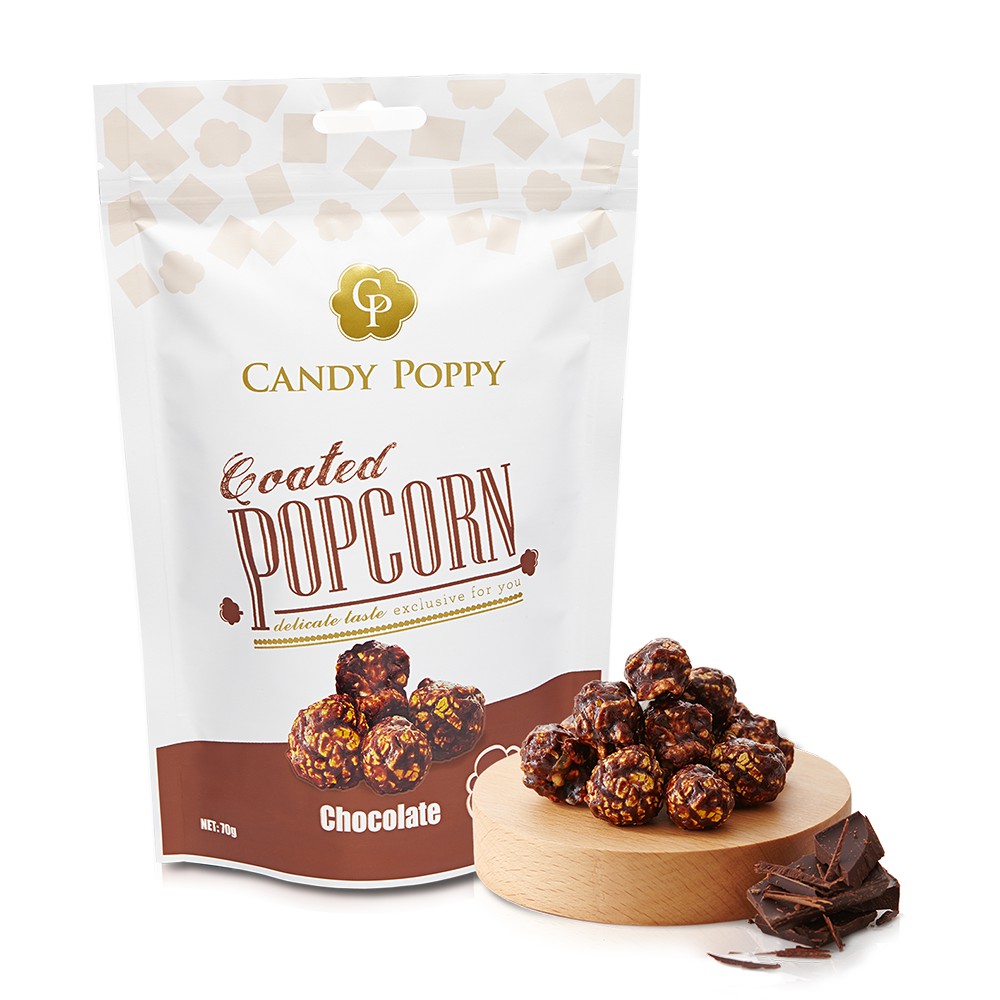 爆米花的香甜交織黑巧克力的苦甜，質感的巧克力香氣，微甜而不膩 AIR POP 氣炸式無油製程 - 少油少負擔 天然海藻糖 - 熱量降低、甜而不膩 獨家菓糖爆米花技術 - 均勻濃郁好滋味 輕盈美味，酥脆