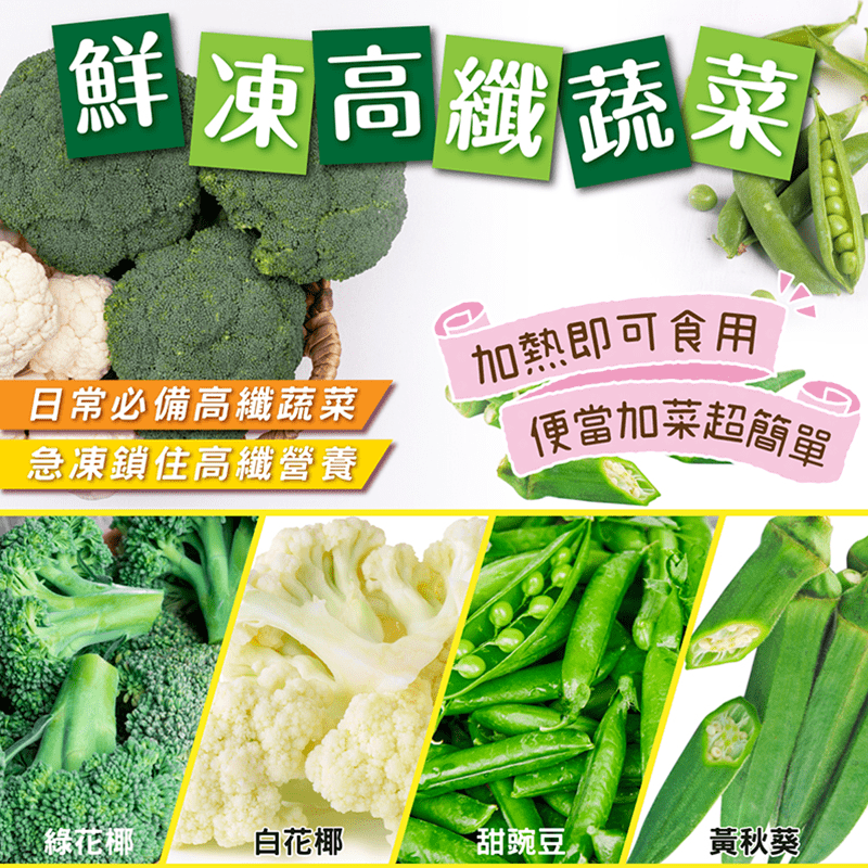 鮮食冷凍綜合蔬菜系列，急速冷凍技術製成，免洗免切，加熱即可食用，一咬下去就像現煮，輕鬆就可幫便當加菜，小資族帶便當超簡單！綠花椰菜、白花椰菜、秋葵、甜豌豆任選，營養價值超高，三分鐘即可上桌！
